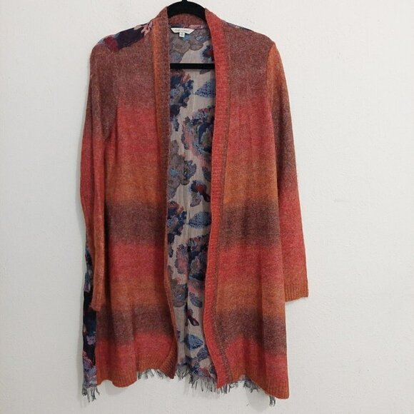 John Mark Open Duster Cardigan Sweater OMBRE Front FLORAL FRINGE Back Boho Sz S - Picture 2 of 9